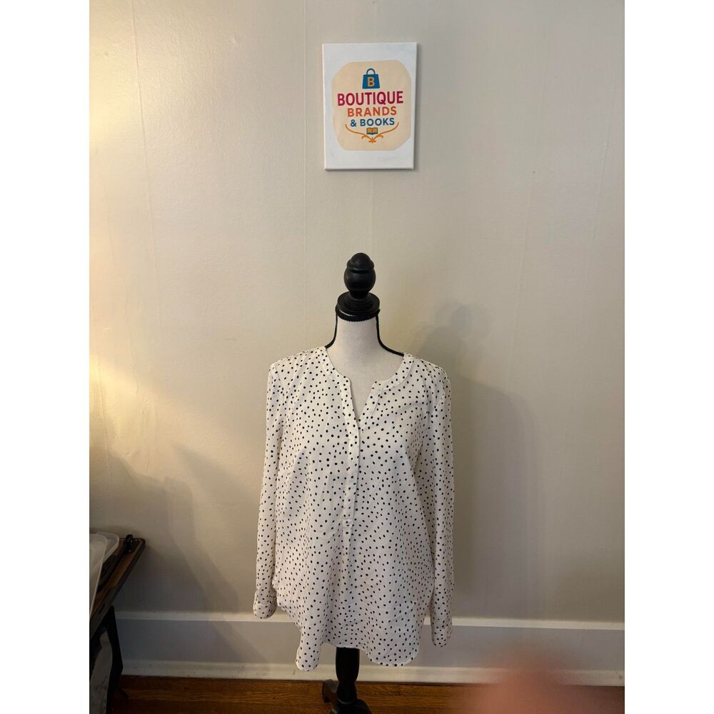 Talbots White & Black Polka Dot Split Neck Blouse l Medium